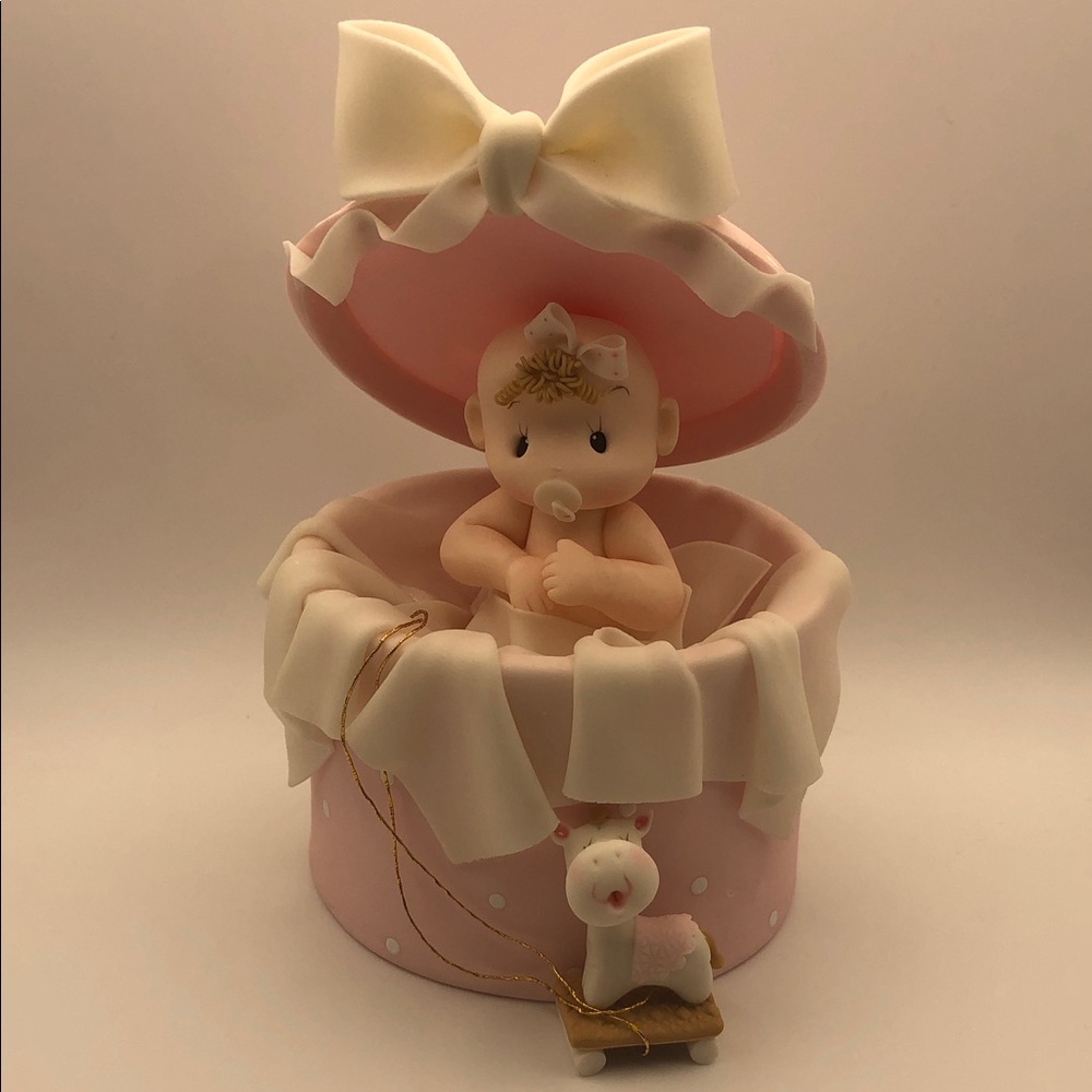 Adorable Baby Figurine in Pink Round Box Cake Topper